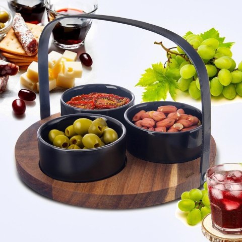 Miseczki na Przekąski BLACK 130 ml Ceramiczne 3 szt na tacy ORION
