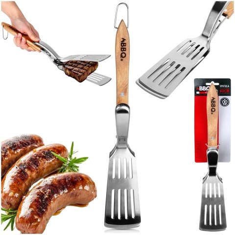 Łopatka do Grilla ze Szczypcami 2w1 Stalowa 40 cm Drewniana Rączka BBQ