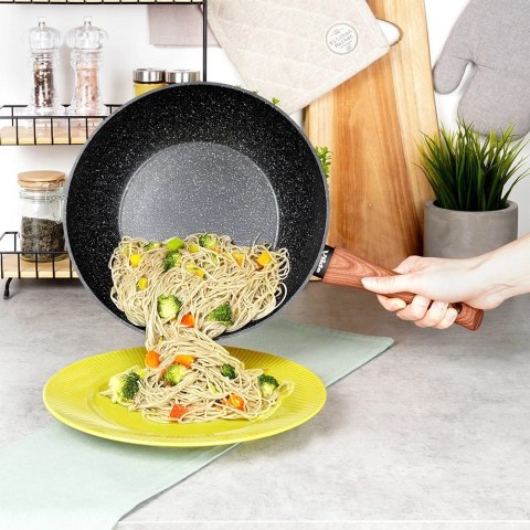 Patelnia Wok Granitowa 28 cm VILDE Black&Wood Nieprzywierająca Indukcja
