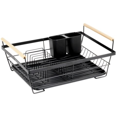 Suszarka na Naczynia Czarna Metal z Drewnianymi Uchwytami 45 cm VILDE