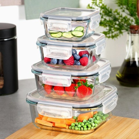 Zestaw 4 Pojemników Szklanych Kwadrat VILDE Szczelny Piekarnik Mrożenie