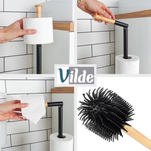Stojak Łazienkowy Ze Szczotką WC Czarny 2W1 Bambus Silikon 66 cm VILDE