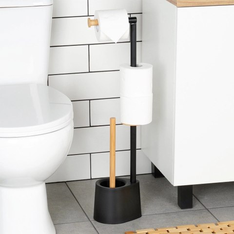 Stojak Łazienkowy Ze Szczotką WC Czarny 2W1 Bambus Silikon 66 cm VILDE