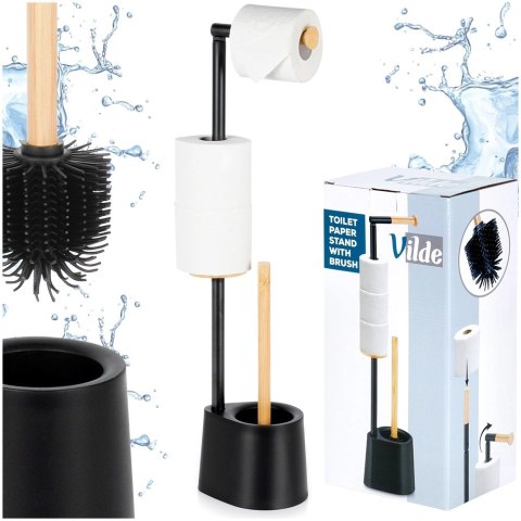 Stojak Łazienkowy Ze Szczotką WC Czarny 2W1 Bambus Silikon 66 cm VILDE