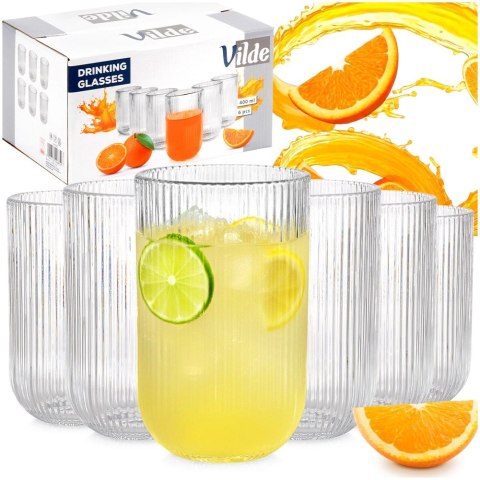Szklanki Zestaw 6 szt. 400 ml VILDE Ryflowane Szkło Wysokie do Zmywarki