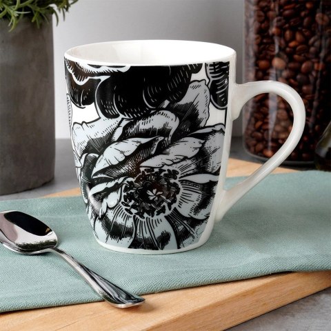 Kubek Porcelanowy 380 ml NAVA Biały Czarne Kwiaty do Zmywarki Mikrofali