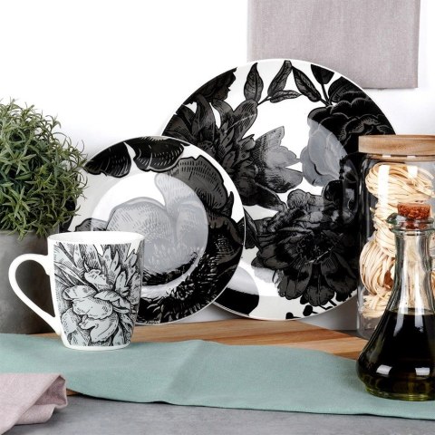 Kubek Porcelanowy 380 ml NAVA Biały Czarne Kwiaty do Zmywarki Mikrofali