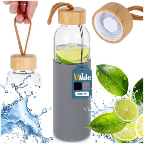 Butelka na Wodę VILDE Szklana 500 ml Silikonowy Pokrowiec Szary