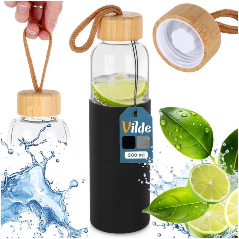 Butelka na Wodę VILDE Szklana 500 ml Silikonowy Pokrowiec Czarny