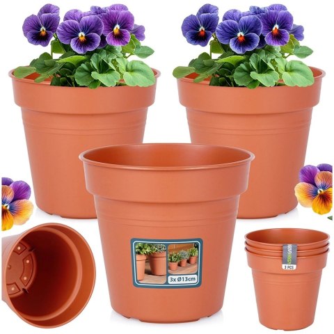 Zestaw Doniczek Okrągłych PROGARDEN 13 cm 3 szt. Ceglane Dekoracyjne