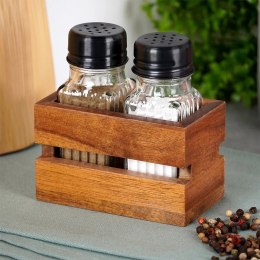 Solniczka Pieprzniczka Ryflowana Drewniany Stojak Brąz 60 ml VILDE