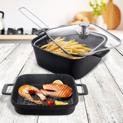 Garnki Granitowe ze Szklaną Pokrywką Patelnią Grillową Koszyczkiem 4 El.