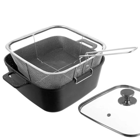 Garnki Granitowe ze Szklaną Pokrywką Patelnią Grillową Koszyczkiem 4 El.