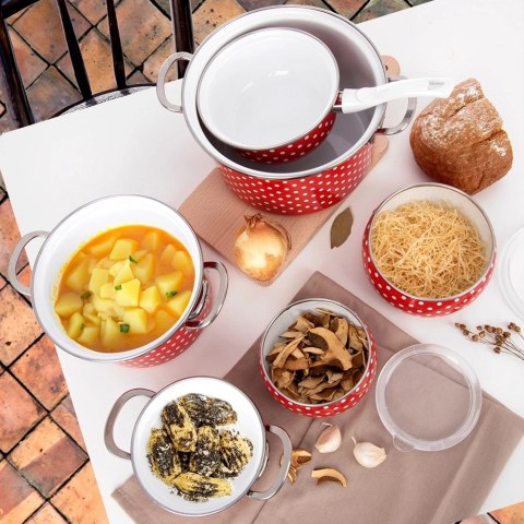 Miska Emaliowana TECKA 1 L z Pokrywką Czerwony Groszek do Zmywarki ORION