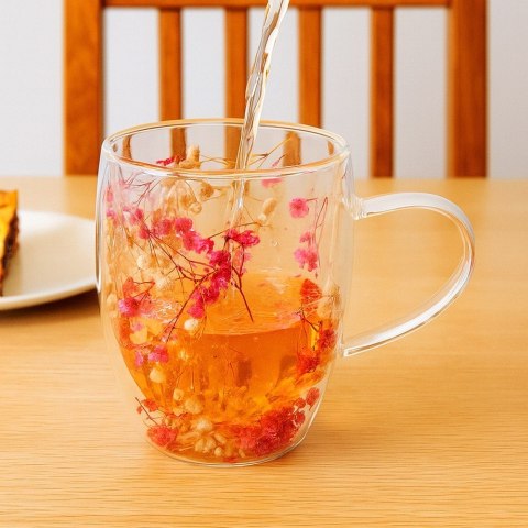Kubek Szklany z Podwójną Ścianką Termiczny do Kawy Herbaty Kwiaty 360 ml