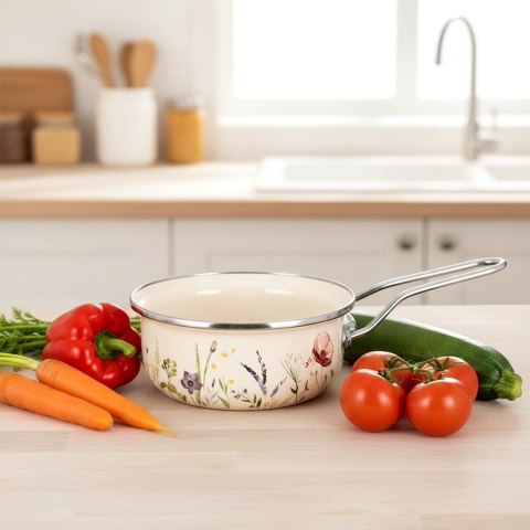 Rondel Emaliowany Kremowy w Kwiaty Maki 14 cm 0,65 L na Indukcję