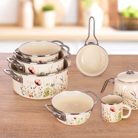 Rondel Emaliowany Kremowy w Kwiaty Maki 16 cm 0,95 L na Indukcję
