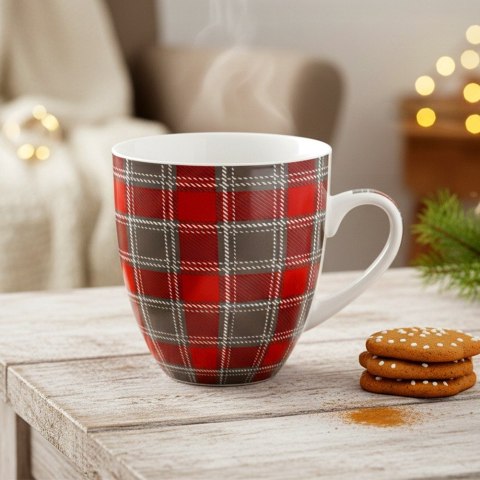Kubek Porcelanowy XXL do Kawy Herbaty Duży w Czerwono-Szarą Kratkę 1 L