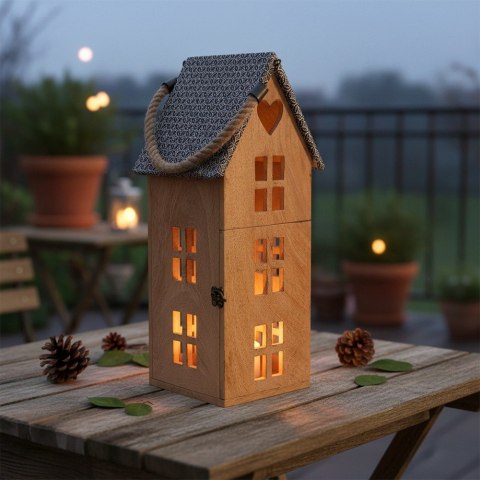 Lampion Latarnia Drewniana Domek Drewno Mango na Świece LED 48 cm ORION