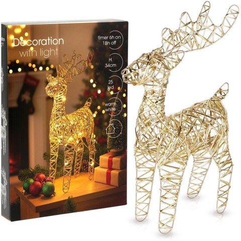 Renifer Ozdobny 34 cm Złoty 25 LED Timer Świąteczna Dekoracja na Baterie