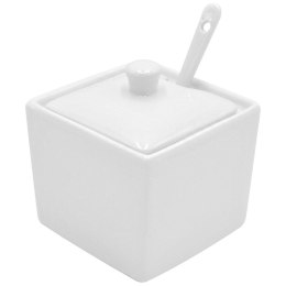 Cukiernica cukierniczka porcelanowa biała kwadratowa pojemnik na cukier z łyżeczką