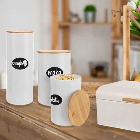 Pojemnik Kuchenny na Żywność Metalowy Biały z Bambusową Pokrywką ORION 1,3l