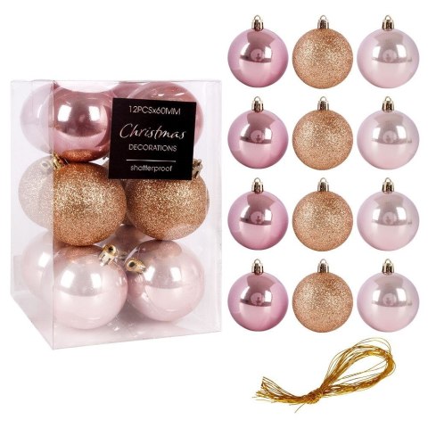 Bombki Choinkowe VILDE Różowe 6 cm Zestaw 12 szt. Nietłukące Brokat