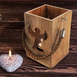 Lampion na świece drewniany ze szklanym wkładem anioł 14x20,5 cm