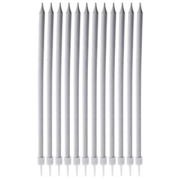 Świeczki do Tortu Długie 12 szt. 14,5 cm ORION Srebrne z Podstawkami