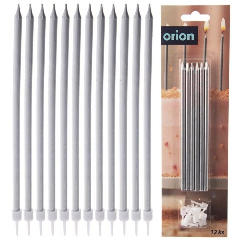 Świeczki do Tortu Długie 12 szt. 14,5 cm ORION Srebrne z Podstawkami
