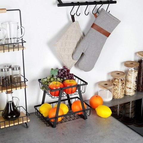 Koszyk na Owoce Warzywa 2 Poziomowy Metalowy Czarny 28 x 17,5 x 21 cm VILDE