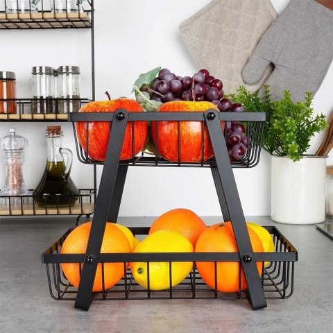 Koszyk na Owoce Warzywa 2 Poziomowy Metalowy Czarny 28 x 17,5 x 21 cm VILDE