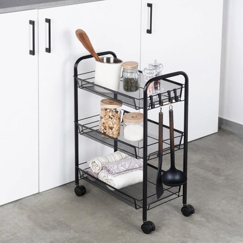 Półka Regał na Kółkach 3 Poziomowy Metal Czarny 44 x 26 x 63 cm VILDE