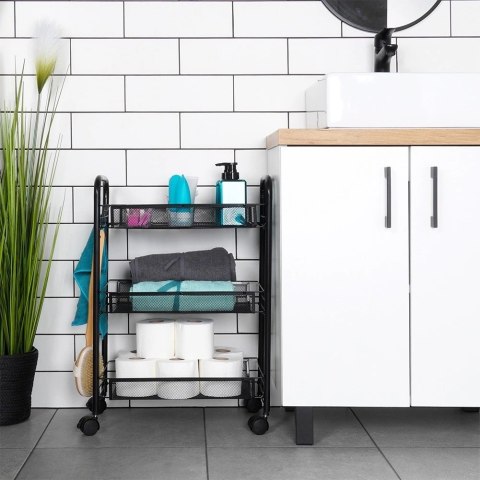 Półka Regał na Kółkach 3 Poziomowy Metal Czarny 44 x 26 x 63 cm VILDE