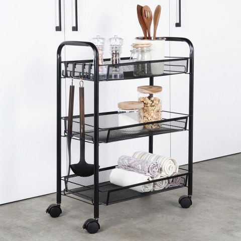 Półka Regał na Kółkach 3 Poziomowy Metal Czarny 44 x 26 x 63 cm VILDE
