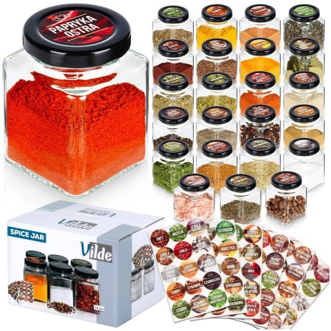 Zestaw Pojemników Słoiczków na Przyprawy Szklany +90 Naklejek VILDE 24 szt.