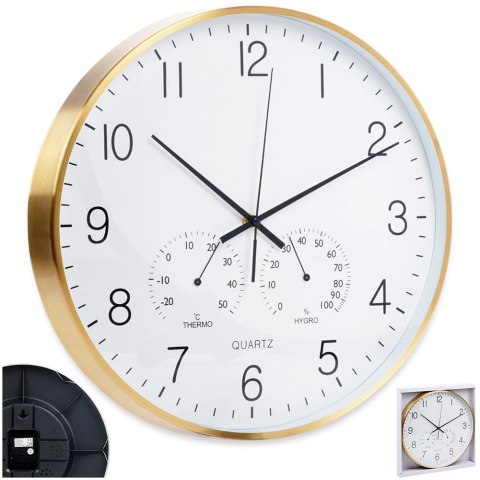 Zegar Ścienny na Ścianę z Termometrem Higrometrem Biały Złoty ORION 38 cm