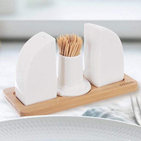 Zestaw Solniczka Pieprzniczka Porcelanowa Biała ze Stojakiem ORION 4 el.